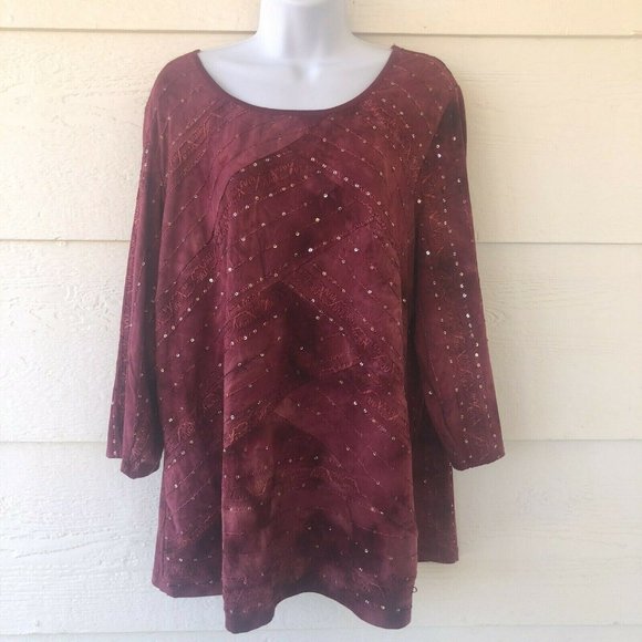 dressbarn Tops - Dress Barn Plus Size 2X Women's Blouse 3/4 Sleeve Burgundy Sequin Sparkle
